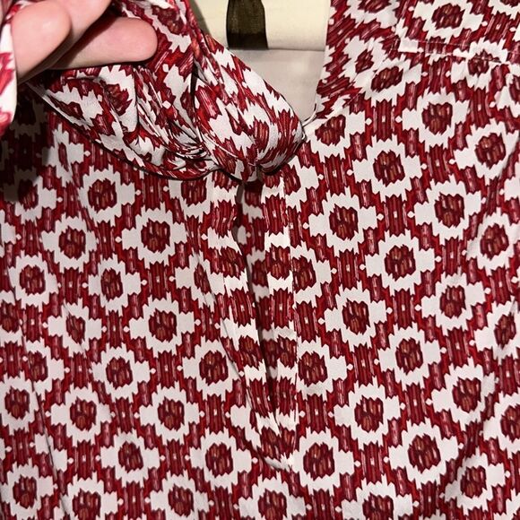 Tory Burch 10 Red White Pattern Cap Sleeve Neck Tie Silk Blouse - Picture 11 of 14